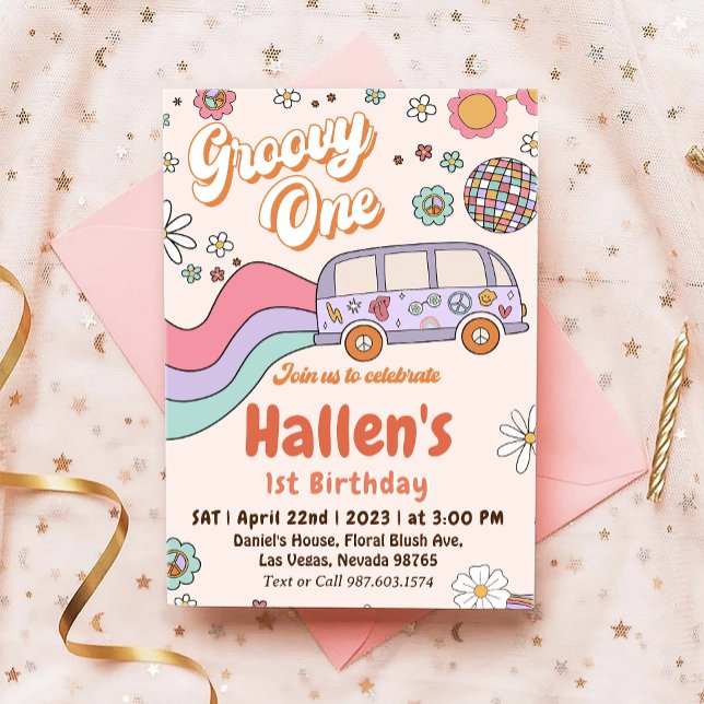 Groovy One Retro Daisy Rainbow First Birthday Invitation (Creator Uploaded)
