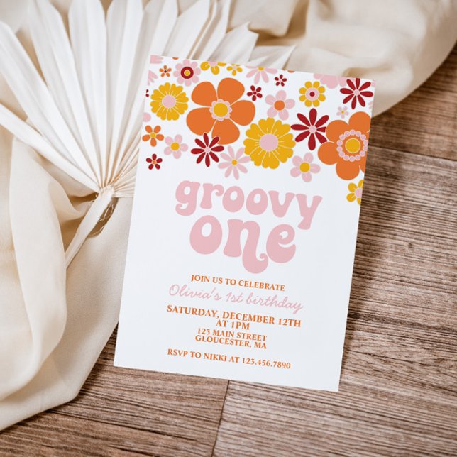 Groovy One Retro Floral 1st Birthday Invitation (Creator Uploaded)