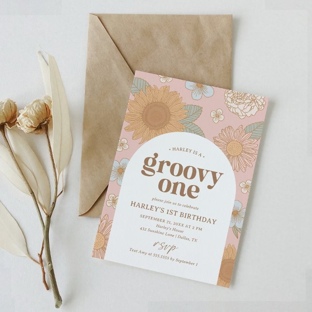 Groovy One Retro Floral 1st Birthday Invitation (Creator Uploaded)