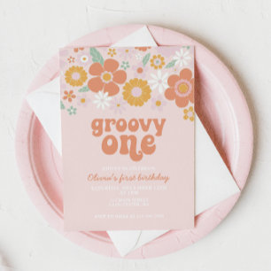Groovy One Retro Floral first birthday Invitation
