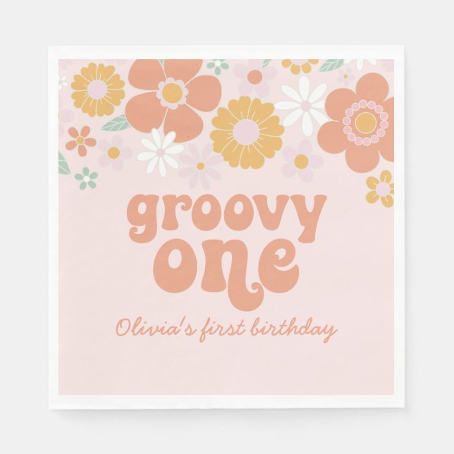 Groovy One Retro Floral first birthday Napkin (Front)