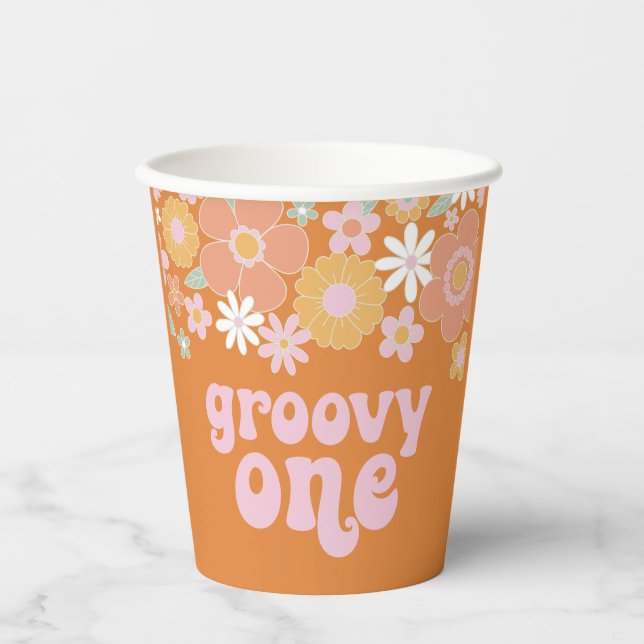 Groovy One Retro Floral first Birthday Paper Cups (Front)