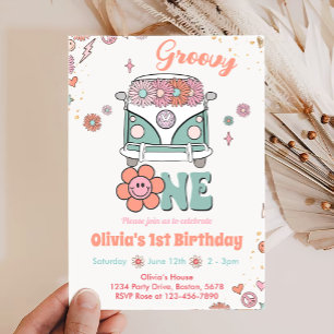Groovy One Retro Flowers 1st Birthday Invitation