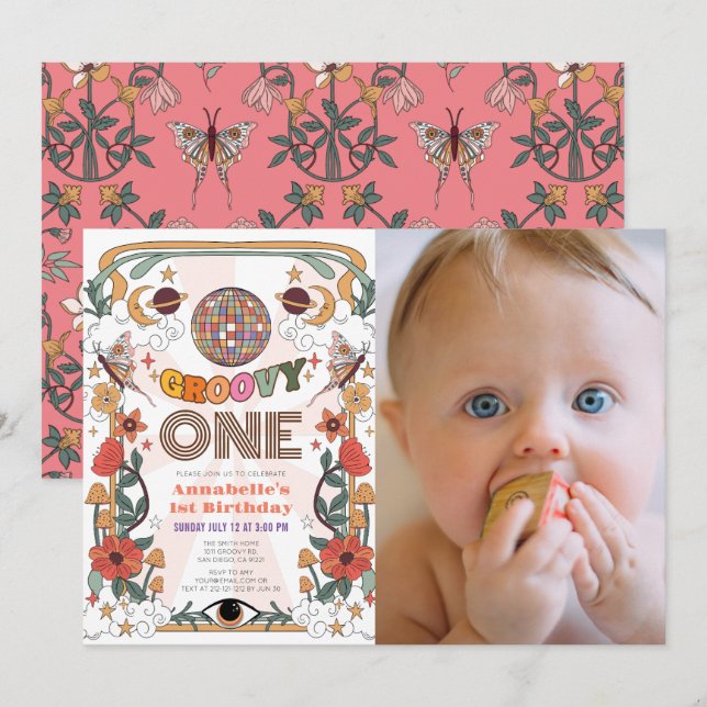 Groovy One Retro Girl Photo 1st Birthday Invitation (Front/Back)