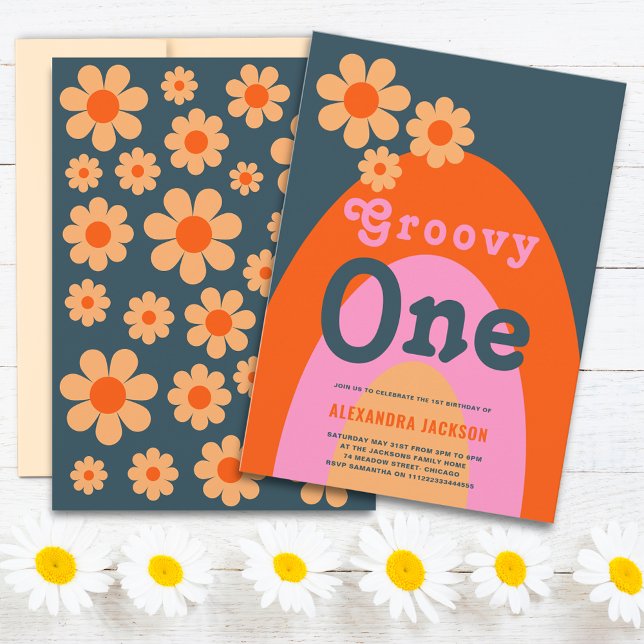 Groovy One Retro Girls 1st Birthday Party Invitation (Groovy one daisy arch 1st birthday party invitation pink orange yellow navy blue 70s hippie vibe)