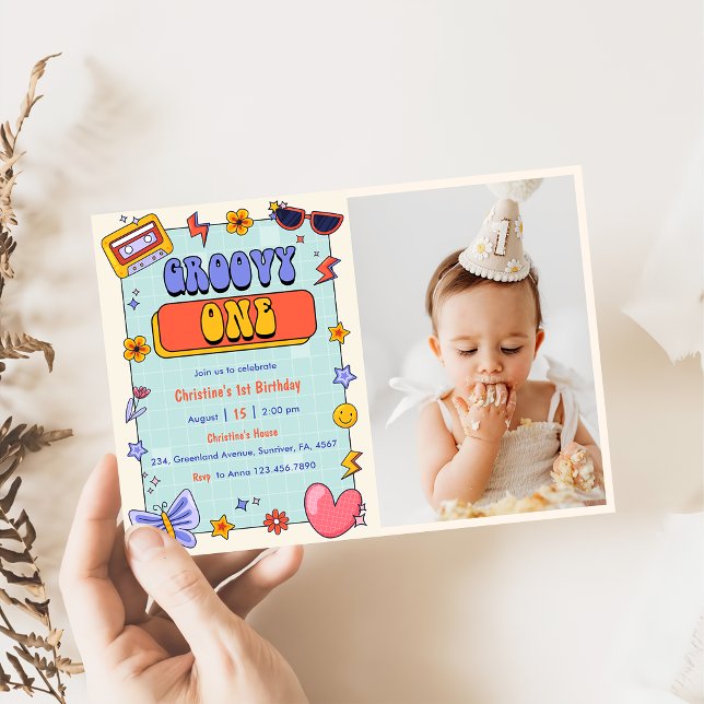 Groovy One Retro Hippie 1st Birthday Party Photo  Invitation (Creator Uploaded)