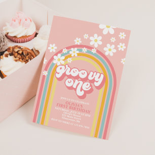 Groovy One Retro Rainbow 1st Birthday Invitation