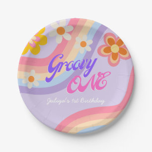 Groovy One Retro Rainbow 1st Birthday Paper Plate