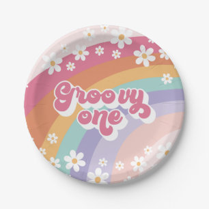 Groovy One Retro Rainbow 1st Birthday Paper Plate
