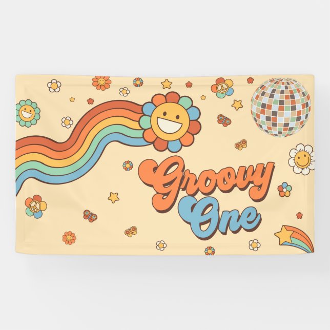 Groovy One Retro Rainbow 1st Birthday Party Banner (Horizontal)