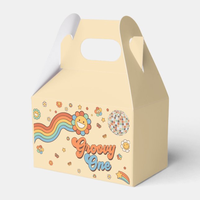 Groovy One Retro Rainbow 1st Birthday Party Favour Box (Front Side)