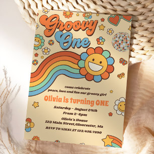 Groovy One Retro Rainbow 1st Birthday Party Invitation