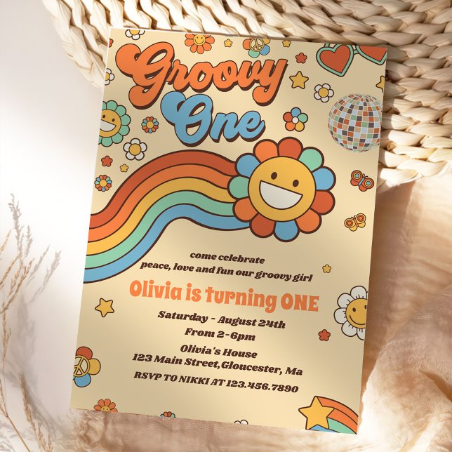 Groovy One Retro Rainbow 1st Birthday Party Invitation (Creator Uploaded)