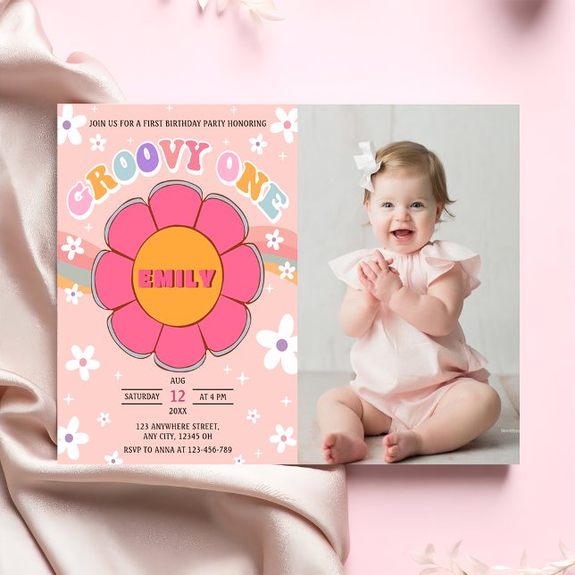 Groovy One Retro Rainbow 1st Birthday Party Photo  Invitation (Creator Uploaded)