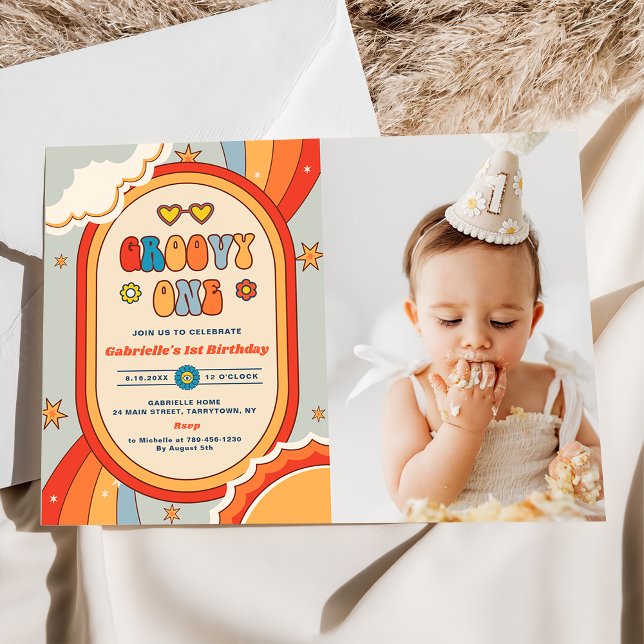 Groovy One Retro Rainbow 1st Birthday Party Photo  Invitation (Creator Uploaded)