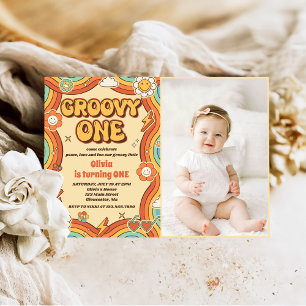 Groovy One Retro Rainbow 1st Birthday Party Photo Invitation