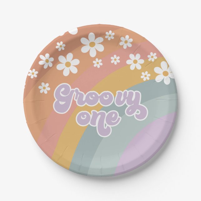Groovy One Retro Rainbow Paper Plates (Front)