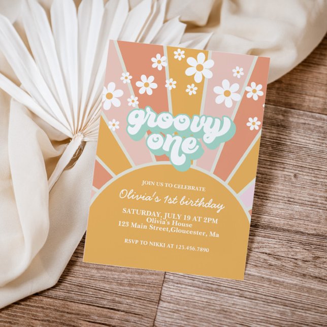 Groovy One Retro Sunshine daisy boho floral Invita Invitation (Creator Uploaded)