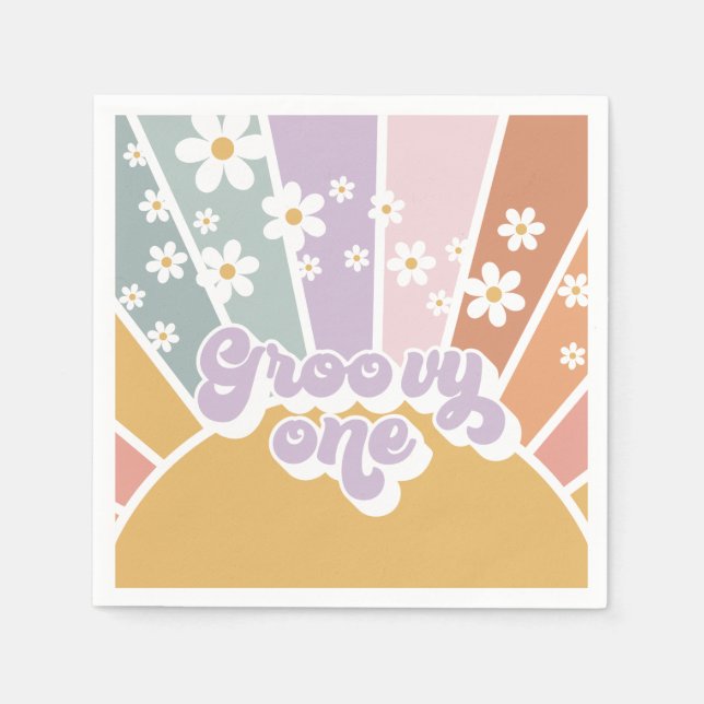 Groovy One Retro Sunshine Rainbow Daisy Napkin (Front)