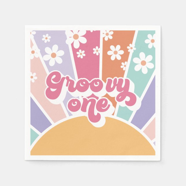Groovy One Retro Sunshine Rainbow Daisy Napkin (Front)