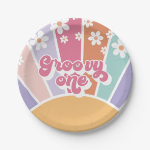 Groovy One Retro Sunshine Rainbow Daisy Paper Plate