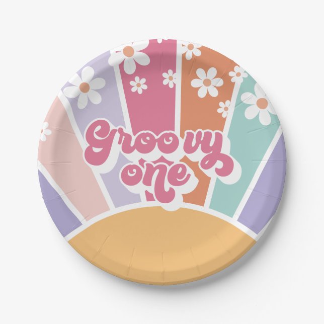 Groovy One Retro Sunshine Rainbow Daisy Paper Plate (Front)