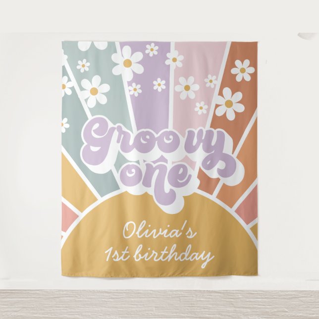 Groovy One Retro Sunshine Rainbow Daisy Tapestry (Front)