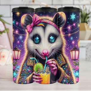 Groovy Opossum Enjoying a Cosmic Drink Thermal Tumbler