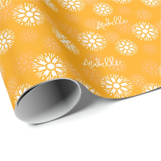 Groovy Orange Daisy Flower Retro Floral Name  Wrapping Paper (Roll Corner)