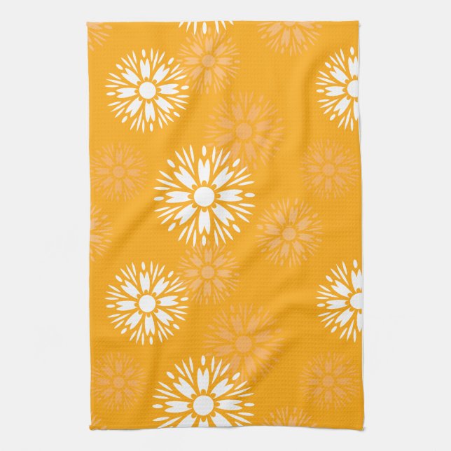 Groovy Orange Daisy Flower Retro Floral Pattern Tea Towel (Vertical)