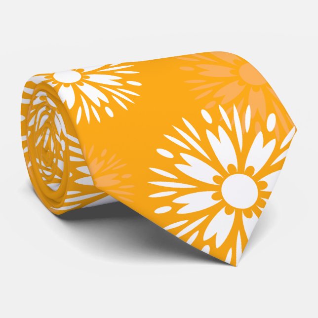 Groovy Orange Daisy Flower Retro Floral Pattern Tie (Rolled)