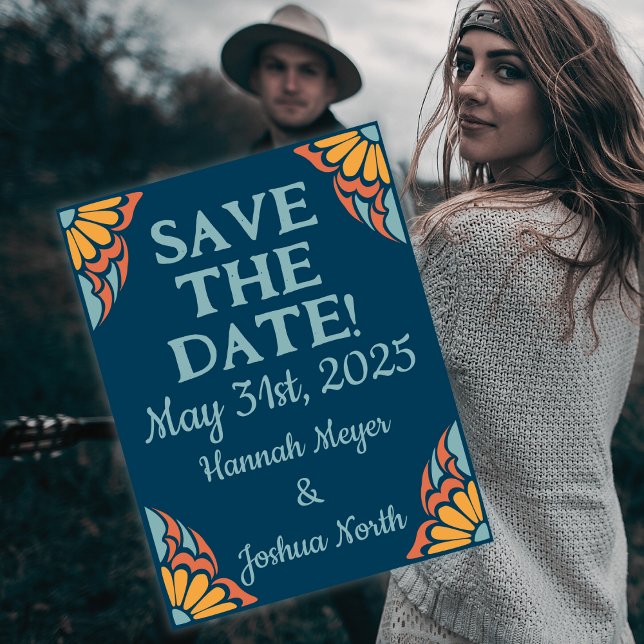 Groovy Orange Flowers on Deep Blue Save-the-Date Postcard (Creator Uploaded)