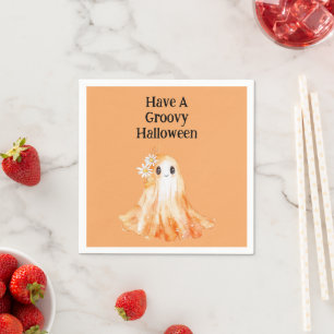 Groovy Orange Ghost Flowers Halloween Napkin
