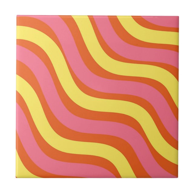 Groovy Orange Yellow Pink Wavy Stripe Modern Home  Ceramic Tile (Front)
