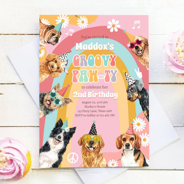 Groovy Pawty Retro Daisy Hippie Dog Girl Birthday Invitation (Creator Uploaded)