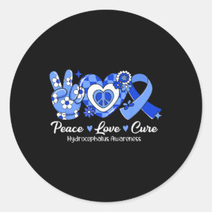Groovy Peace Love Cure Blue Ribbon Hydrocephalus A Classic Round Sticker