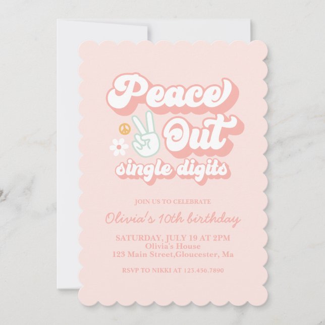 Groovy Peace Out Single Digits 10th Birthday Invit Invitation (Front)