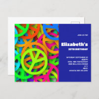 Groovy Peace Signs Rainbow Pattern Birthday Invite