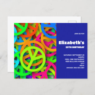 Groovy Peace Signs Rainbow Pattern Birthday Invite Postcard
