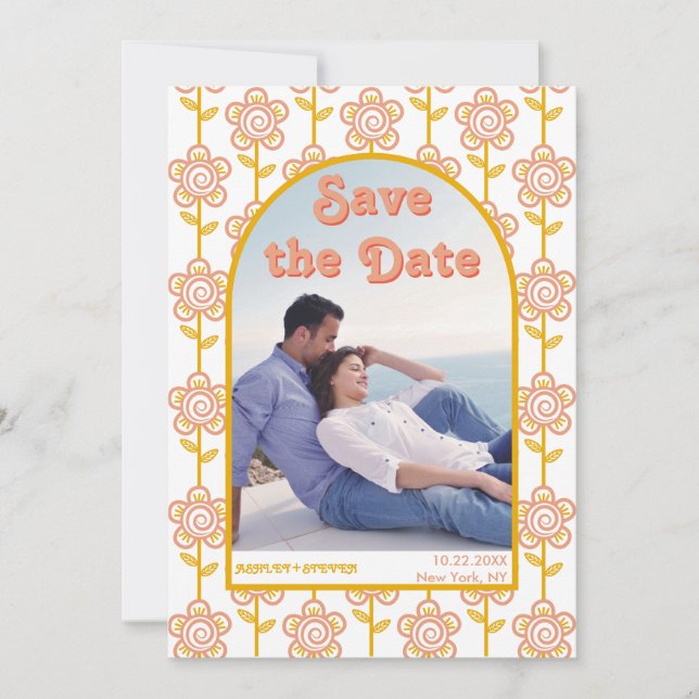 Groovy peach, yellow flowers 70s inspired photo save the date (Front)