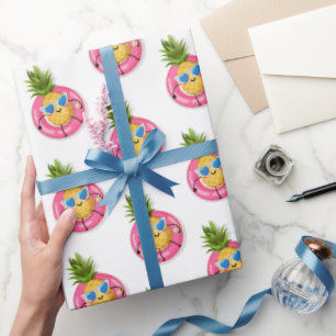 Groovy Pineapple Enjoying Beverage on Pool Float Wrapping Paper