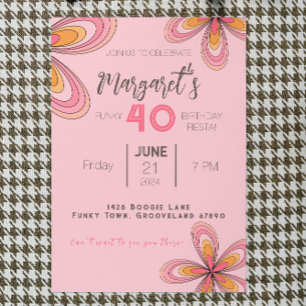 Groovy Pink 40th Birthday Party 70s Hippie Flower  Invitation