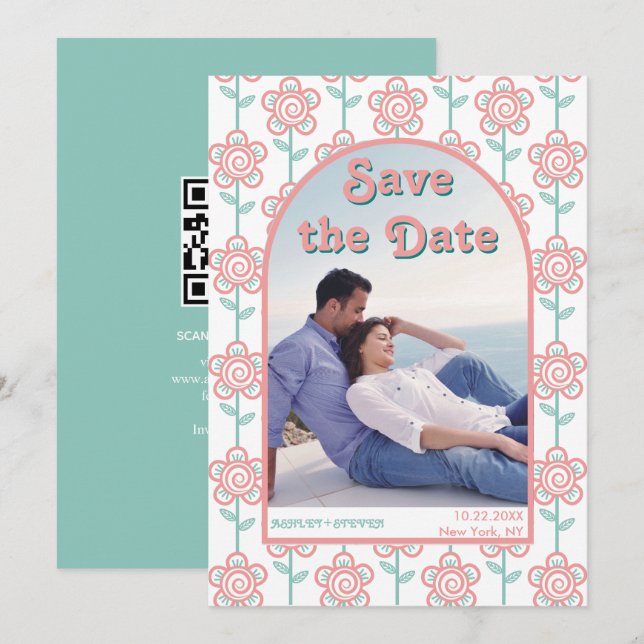 Groovy pink and aqua flowers 70s inspired photo save the date (Front/Back)