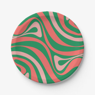 Groovy Pink and Green Retro Christmas Swirls Paper Plate