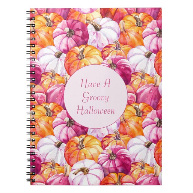 Groovy Pink Blush Orange Halloween Pumpkins Notebook (Front)