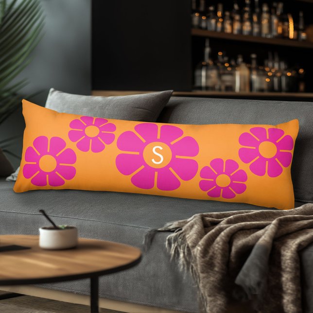 Groovy Pink Daisy with Custom Orange Monogram Body Cushion (Body Pillow with Monogram)
