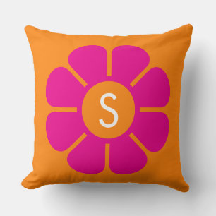 Groovy Pink Daisy with Custom Orange Monogram Cushion
