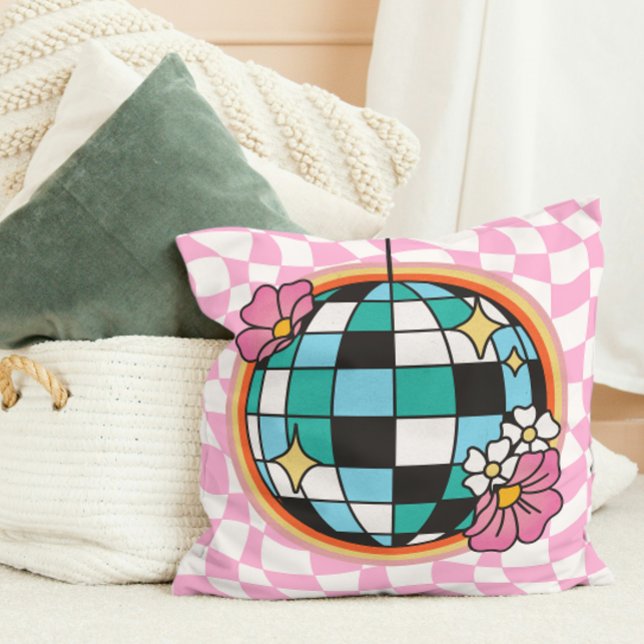 Groovy Pink Disco Ball 60s Hippie Retro Chequered Cushion (Groovy Pink Disco Ball 60s Hippie Retro Checkered Throw Pillow college dorm room decor decoration)