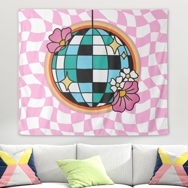 Groovy Pink Disco Ball 60s Hippie Retro Chequered Tapestry (disco ball retro tapestry wall hanging, pink checkered print, 60s 70s hippie college dorm room decor)