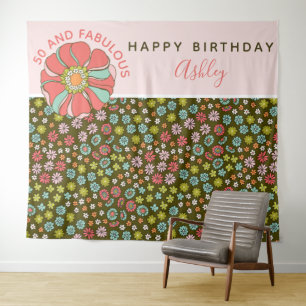 Groovy Pink Floral Birthday Photo Backdrop Tapestry